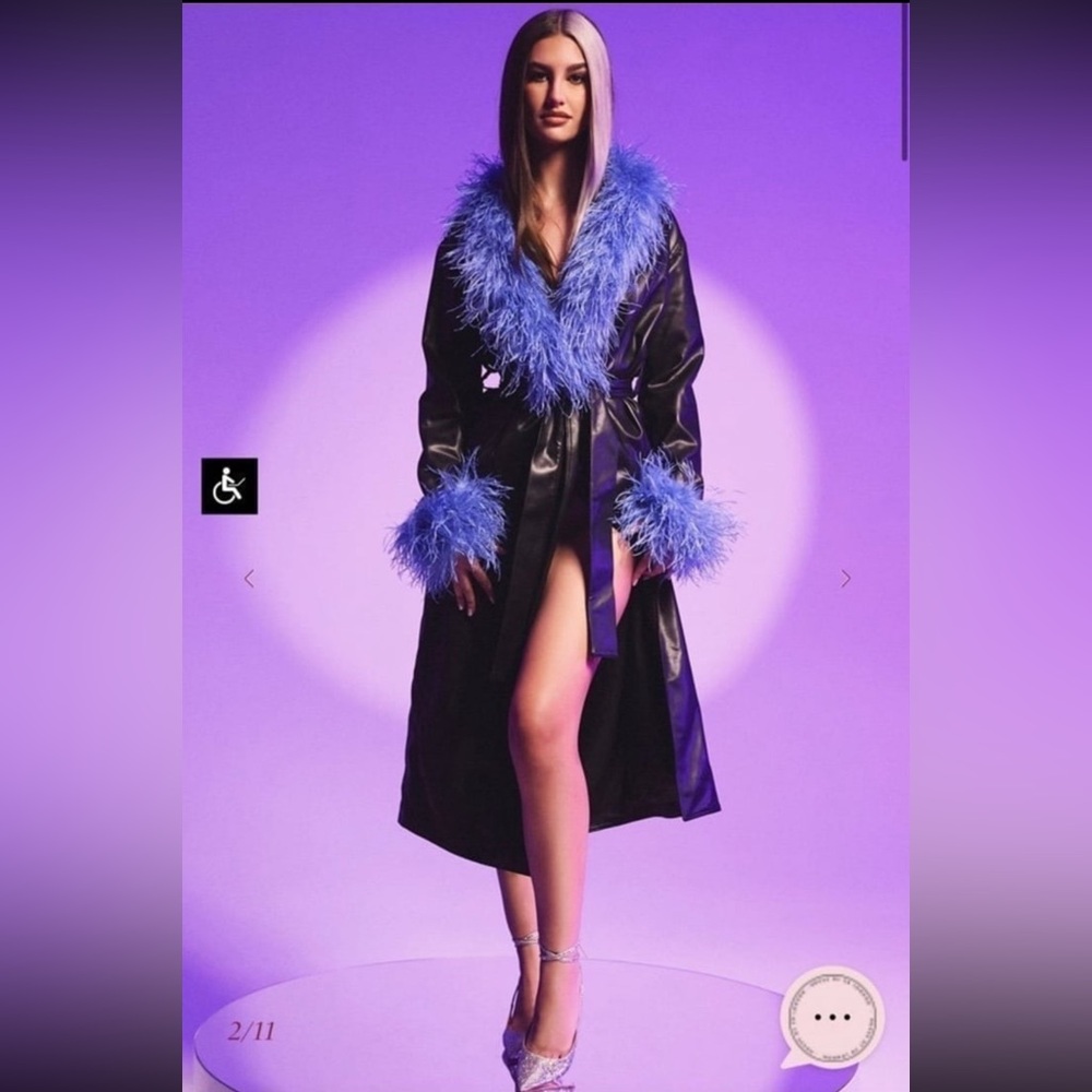 House of CB London Calista Vegan Leather Marabou Feather Trim Black Trench Coat